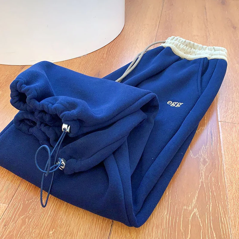 Pantalones de pierna ancha de retales gruesos de felpa Y2K, pantalones de chándal holgados con cordón de cintura alta, moda de invierno, ropa de calle cálida, Pantalones rectos