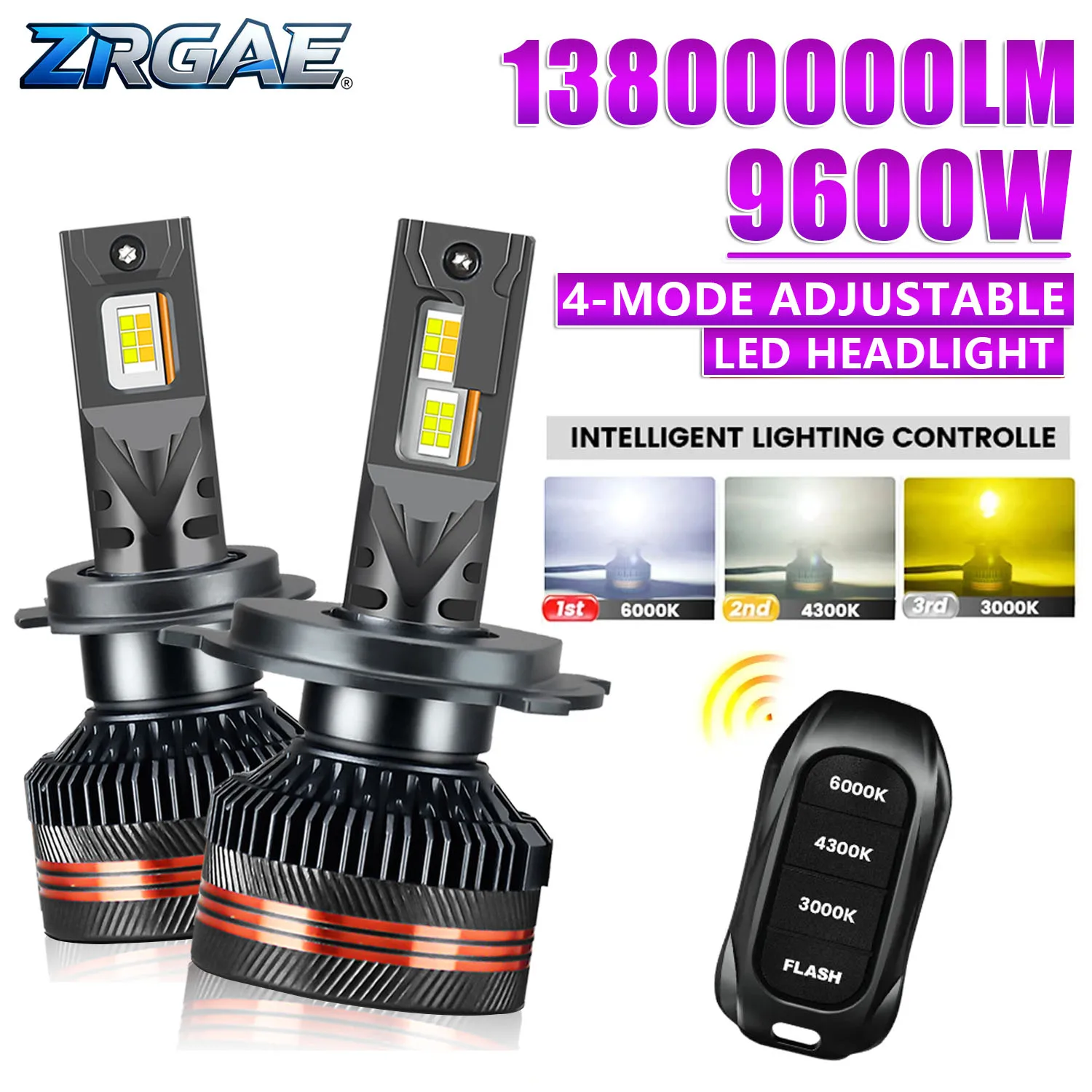 

2PCS H7 LED H11 9005 HB3 9006 HB4 9012 H4 6000K 4300K 3000K LED Bulb Three Color Remote Control for Car Headlights Lights 12V
