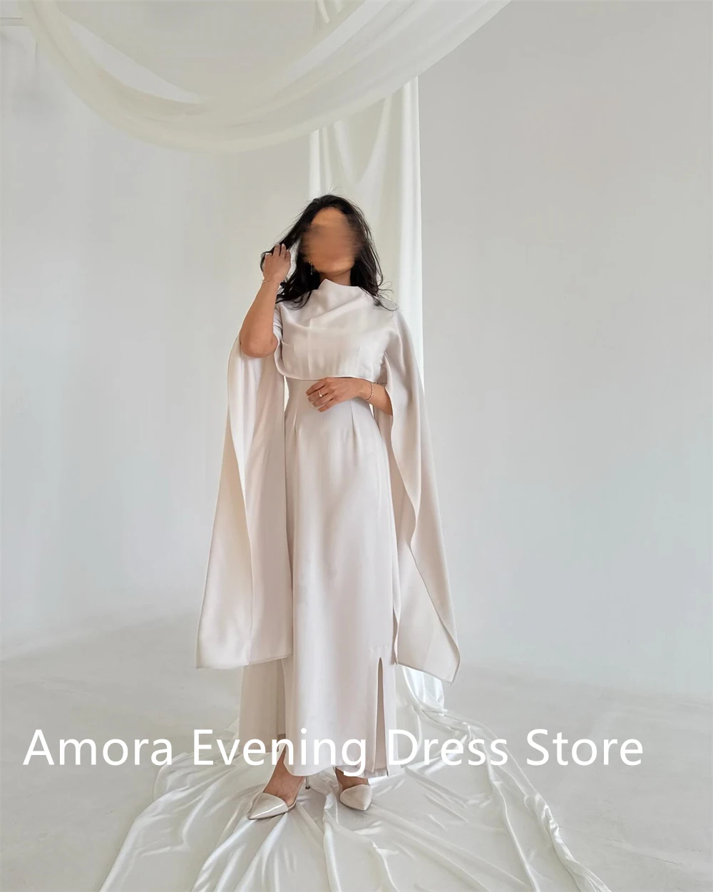 Abito da sera in jersey bianco con temperamento personalizzato Abito da homecoming con spacco laterale e maniche lunghe con girocollo di alta qualità