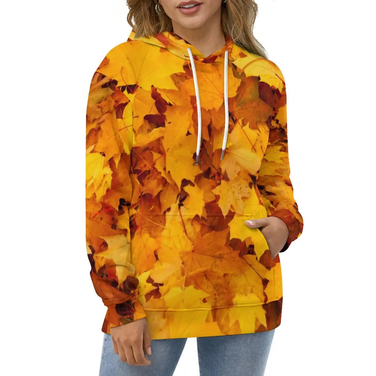 Golden Leaves Hoodies Long Sleeve Maple Leaf Print Y2k Casual Hoodie Autumn Street Style Oversized Loose Hooded Sweatshirts