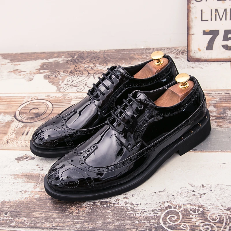 European Station Trendy Fashion Block Leather Shoes Men Shoes Round Toe Anti slip Wear Lacing Business Dress Shoes Size 38-46