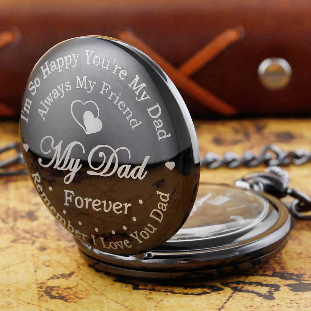 To My Dad Black Unique Quartz Pocket Fob Watch Necklace Chain Pendant Antique Father's Day Present Gift Men reloj hombre