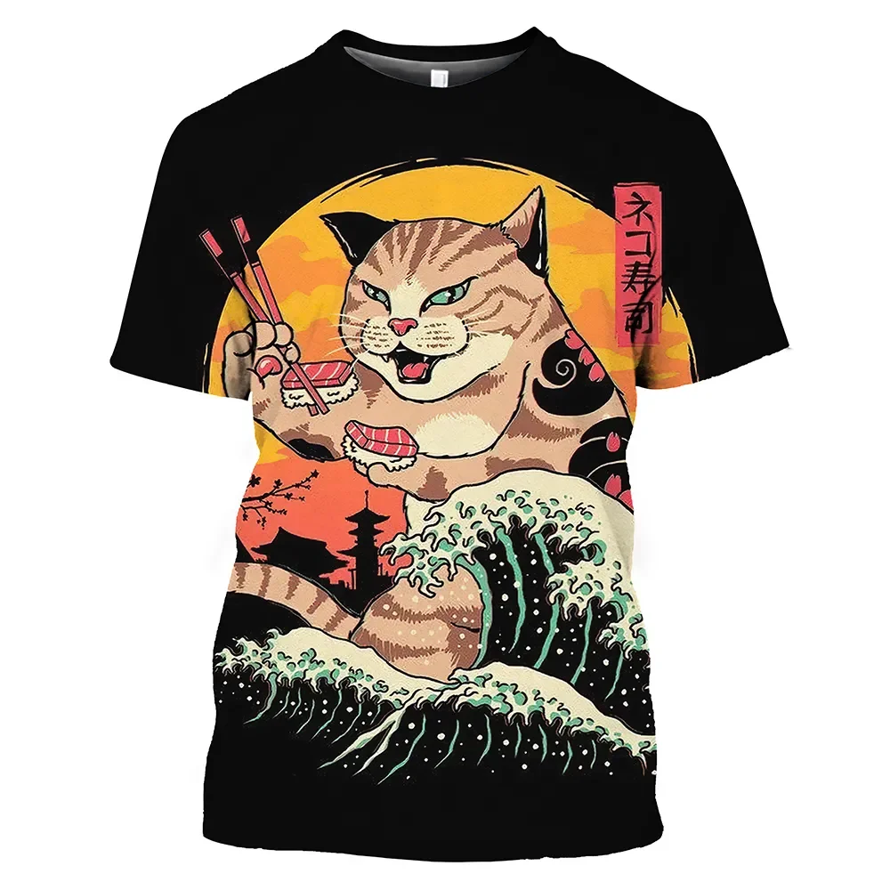 男性用3Dキャットプリントシャツ,和風トップス,半袖,特大Tシャツ,ヴィンテージスタイル,ラウンドネック,新作コレクション