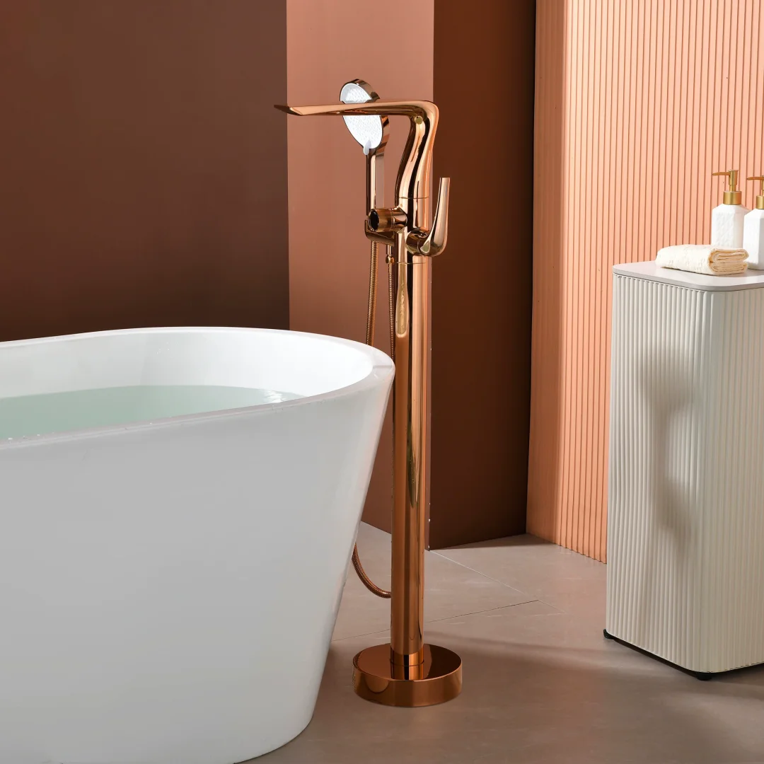 

Rose Gold Bathtub Faucet Set Brushed Gold Floor Standing Bathtub Mixer Black Bathtub Faucet Rotation Spout with Handshower Head