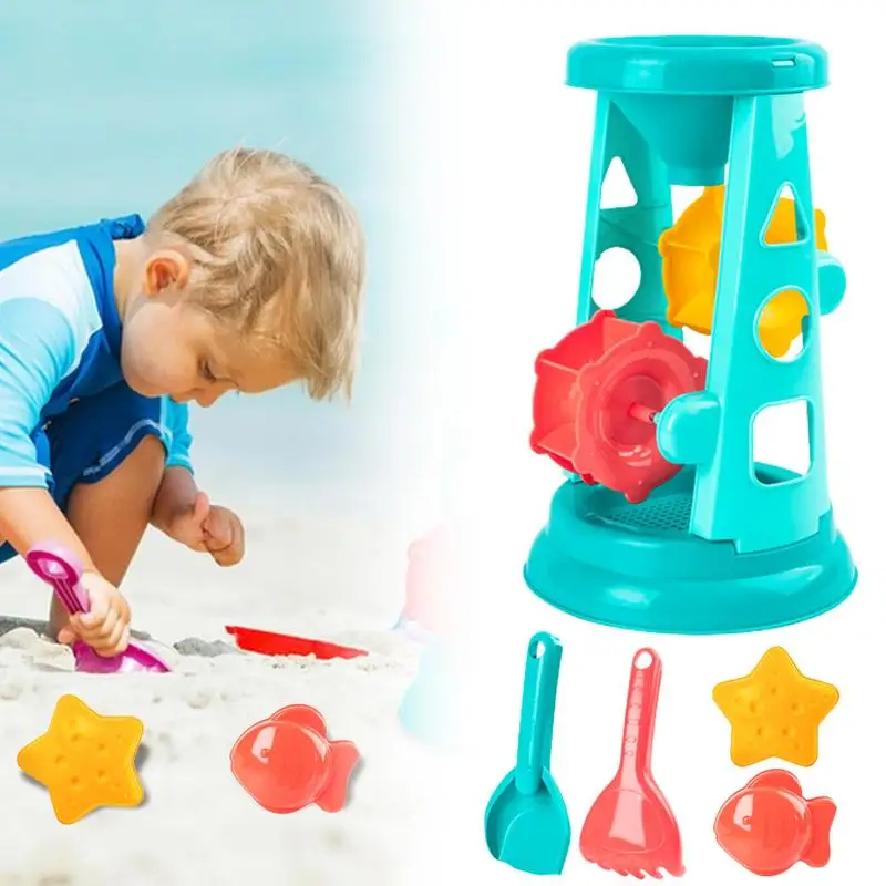 Ensemble de jouets de plage en plein air portables pour enfants, moulin à vent de plage amusant, sablier, moules et pelles, 5 pièces