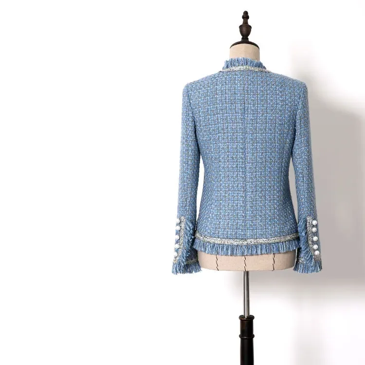 New  WT0033   Haze Blue Wool Wool Coarse tweed  version  Short Coat can customized size