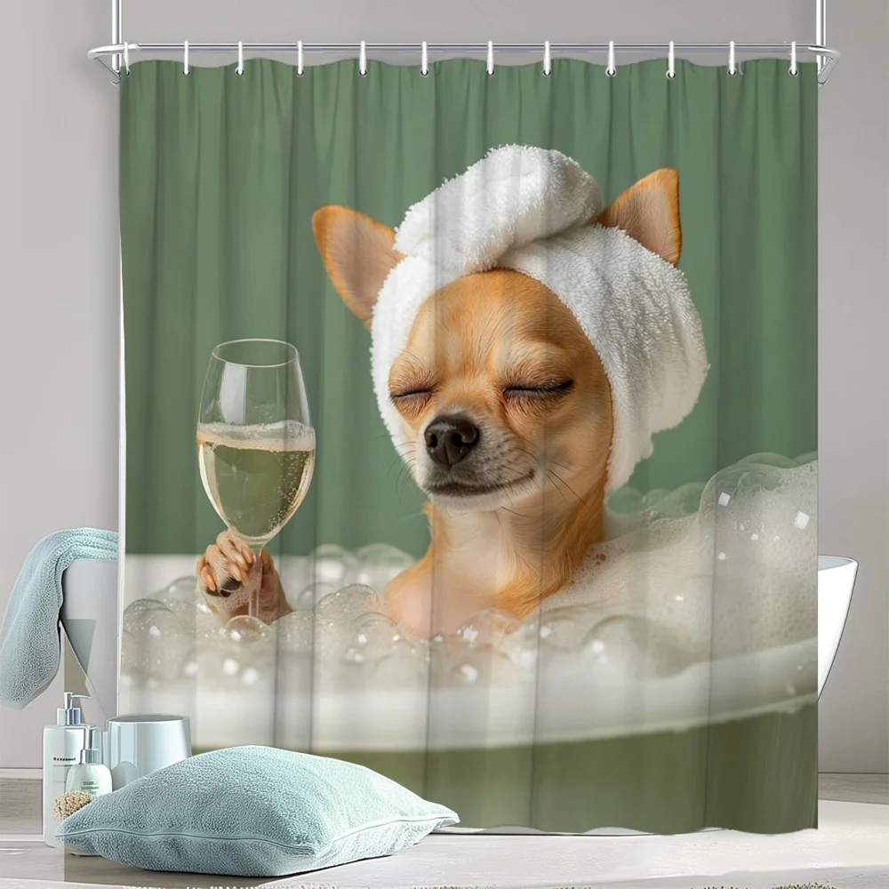 Chihuahua Dog in Bubble Bath with Wine Shower Curtain Waterproof Easy to Clean Privacy Protection Print Funny Pet Art Design