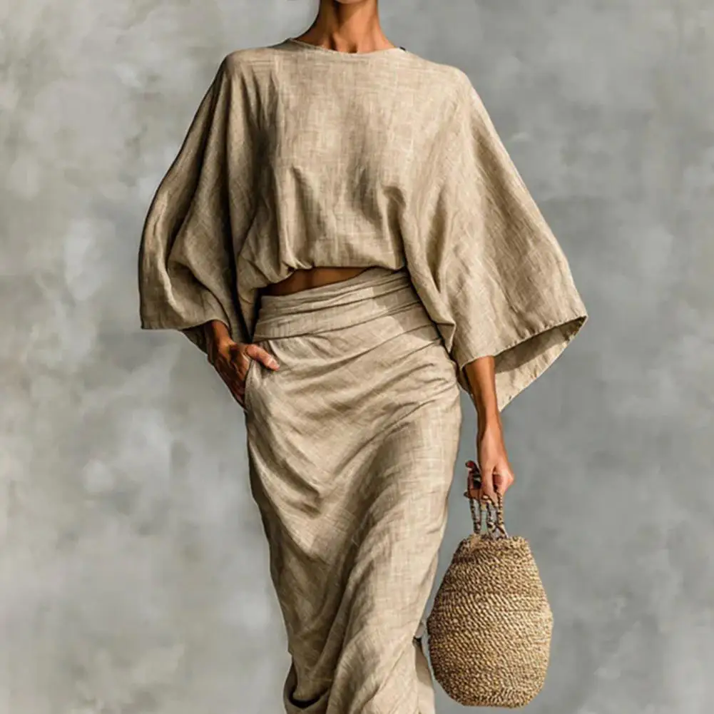 

Summer 2 Piece Skirt Sets for Women Batwing Long Sleeve Top And High Waist Ruched Maxi Skirt Matching Set Summer Vacation Lounge