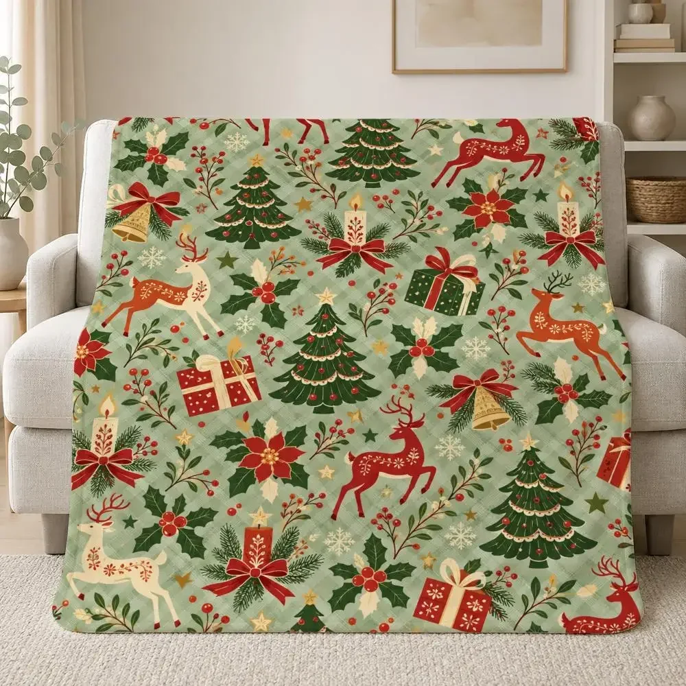 Christmas Forest Reindeer Pattern Throw Blanket Cozy Holiday Decor Xmas Gift for Couch Bed