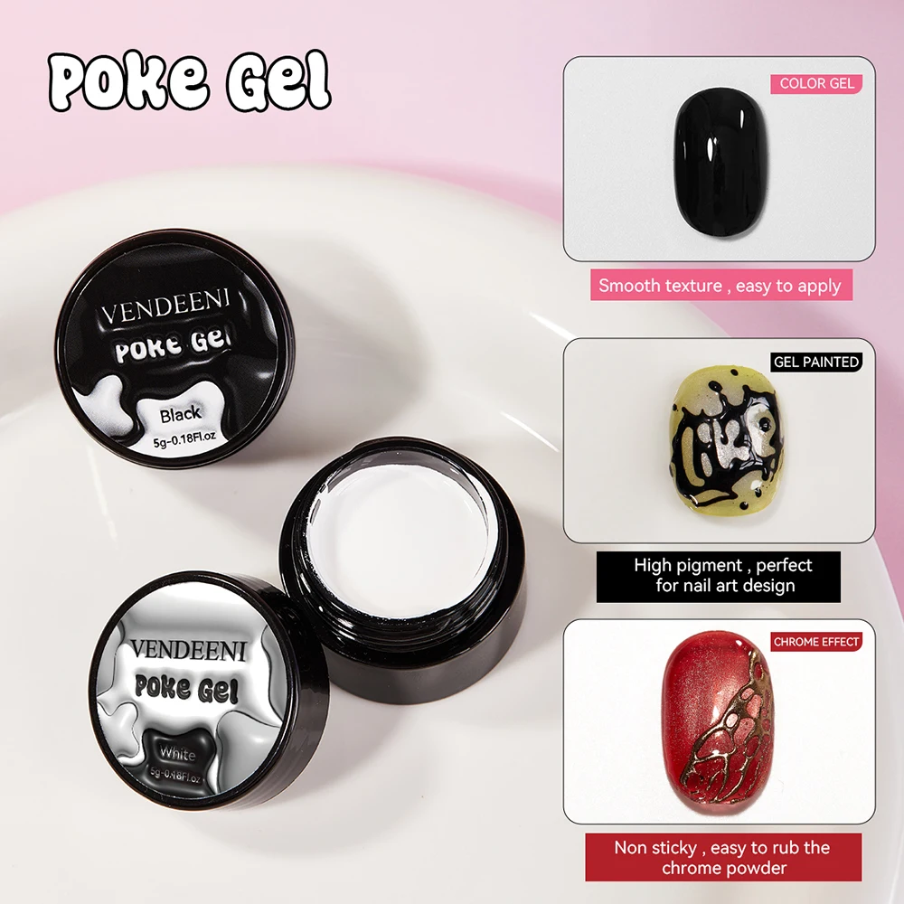Vendeeni Black White Poke Gel Nail Polish Wave Texture Lace Modeling Nail Art Gel Varnish Painting UV LED Soak Off Gel Lacquer