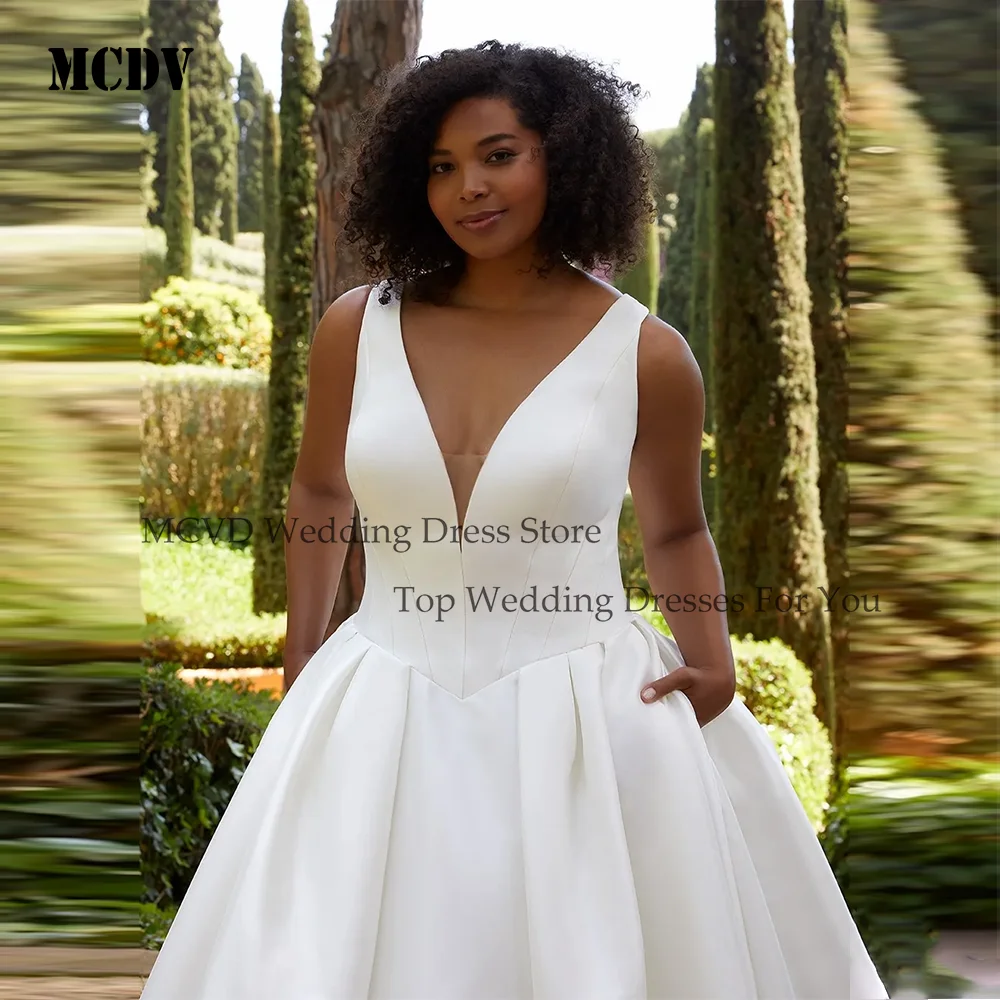 

MCDV Свадебные платья большого размера с открытой спиной и карманом с v-образным вырезом без рукавов, атласным шлейфом, платье de novia по индивидуальному заказу