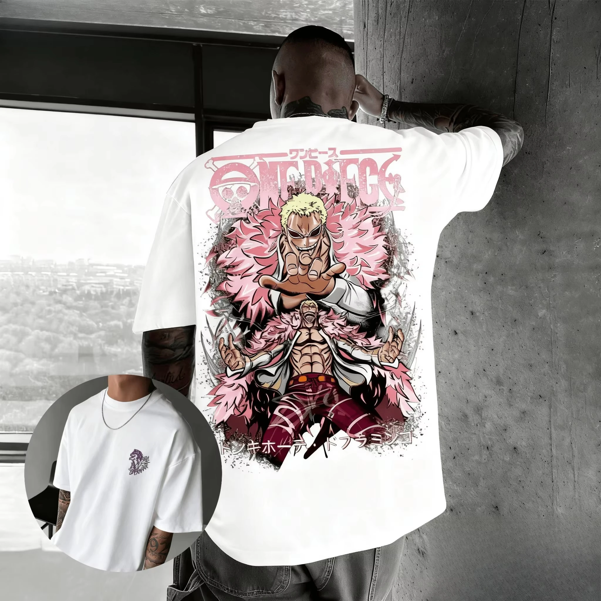 ONE PICE Anime Summer Men's and Women's T-shirt 2026 New Doflamingo Printed Street Hip Hop Loose Casual Parent Child Cotton Top