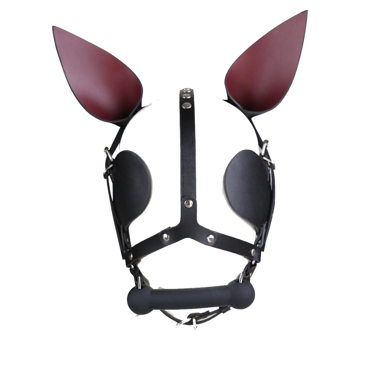 BDSM Harness Ball Gag Eye Blinder Fetish Toys Head Piece Hood Mask With Silicone Bone Mouth Gag Ears Eye Shade Bit Blindfold Set view 4