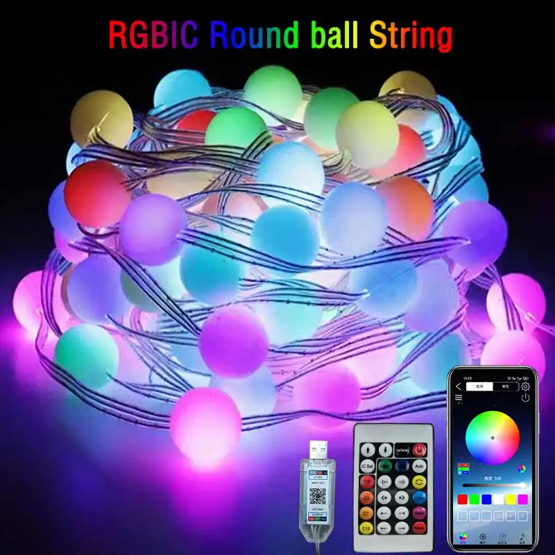 USB RGBIC Round ball String Fairy String Lights 5V Bluetooth LED Strings APP For Outdoor waterproof camping light decoration