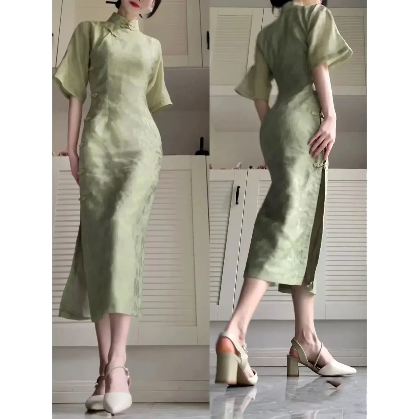 Green Chinese Style Improved Cheongsam 2022 New Summer Improved Cheongsam Elegant Midi Dresses Women Green Qipao