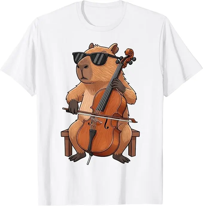 Cute Capybara Playing Cello Player Lover Musician Cellist T-Shirt Y2k Cartoon Graphic Apparel Boys Fashion Tee Streetwear Outfit