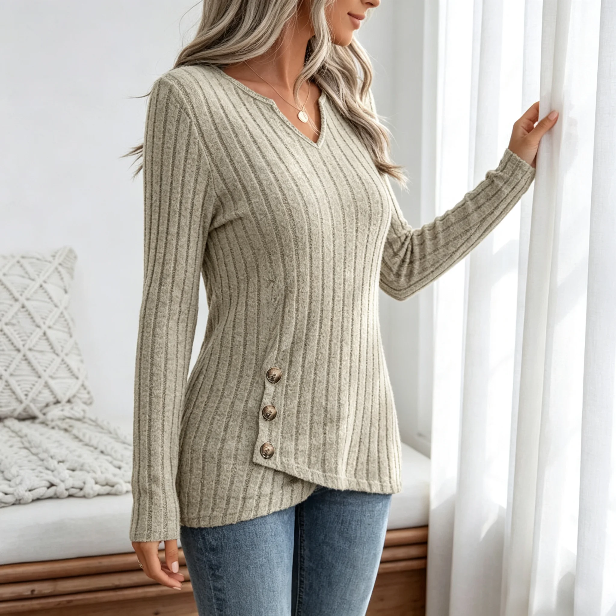 Women's New V-Neck Long-Sleeve Casual Top with Vertical Ribbed Irregular Hem and Button Decoration, Slim-Fit Knit Sweater