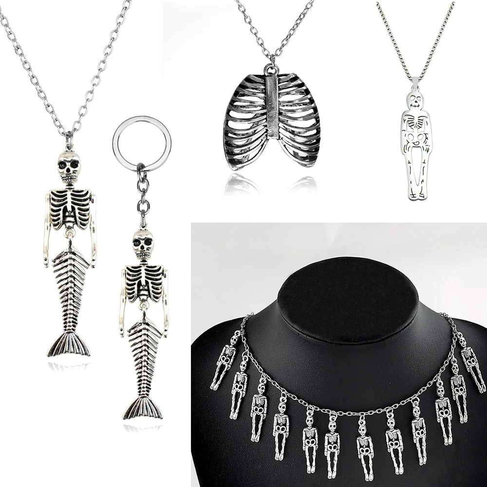 Vinage gótico, collar de jaula acanalada de Color plata antigua, esqueleto anatómico, corazón, gótico, Punk, collar con colgante Retro único para hombres y mujeres
