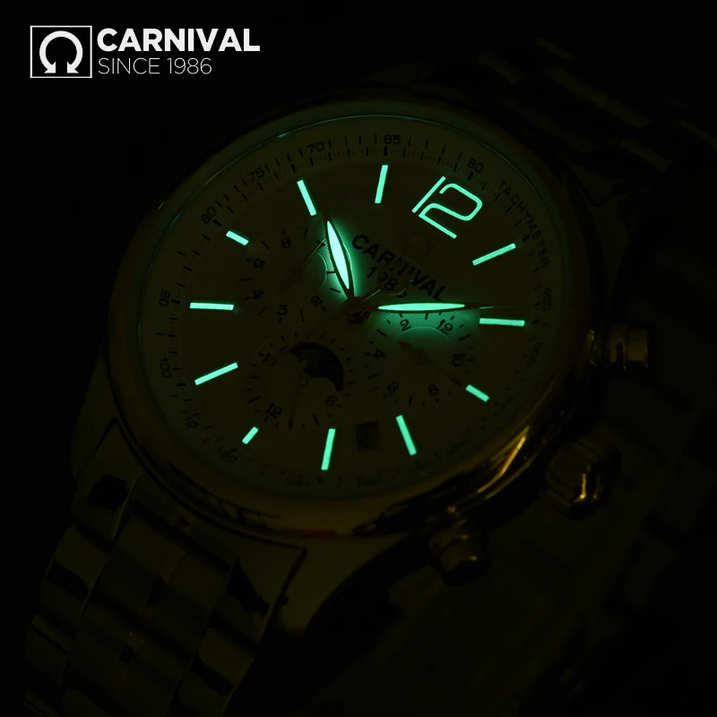 CARNIVAL IW For Mens Watch Automatic Mechanical WristWatch Six Pins Moon Phase Date Luminous  Stainless Steel Case Sport Relogio