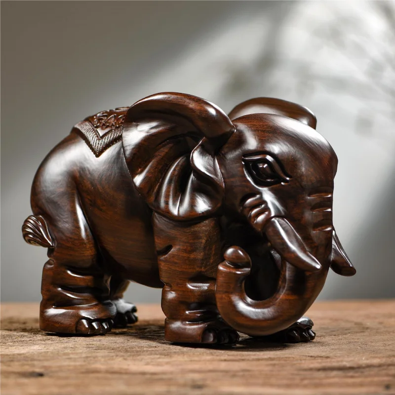Ebony Carved Ornaments Pair for Entrance Store Solid Wood Elephant Decoration Crafts New Home Opening Gift
