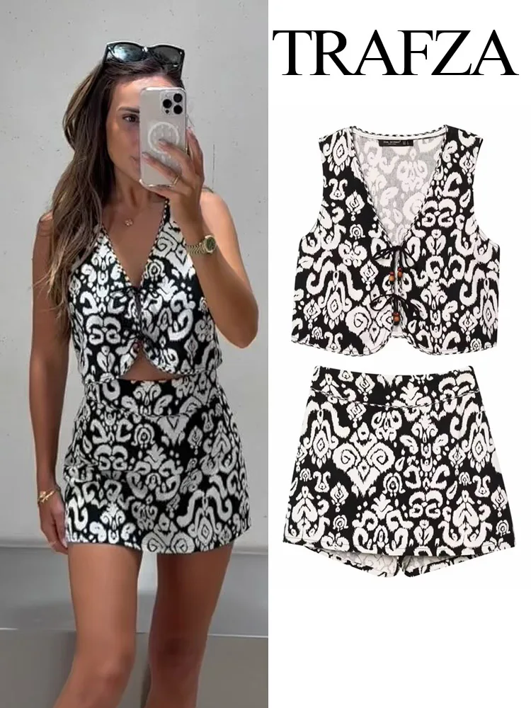 

TRAFZA Summer Women's Fashion Popular ​​Sleeveless V-Neck Waistcoat+Side Zipper Temperament Mini Culottes Printed 2-Piece Set