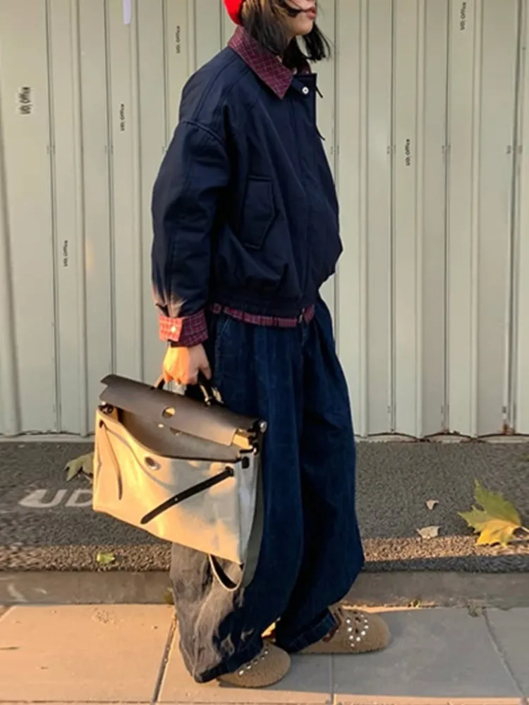 

Повседневная куртка, женское пальто, модное свободное пальто с карманами и длинными рукавами на молнии, парки, пальто, новинка 2025, осенне-зимняя клетчатая верхняя одежда контрастного цвета