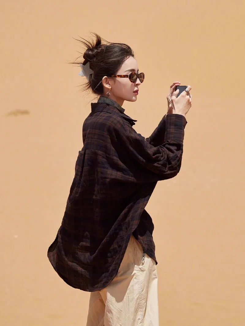 

Gulinaza Coffee Plaid irt with Batwing Sves Vintage Worn-in Feel Loose Fit Casual Sle Cotton Long Sve Collar