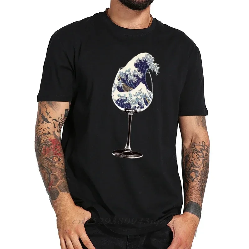 EU Size 100% Cotton Kanagawa Surf T Shirt Men Noodles Wine Glass Artistic Design Black Great Wave Tee Tops Male T-shirts