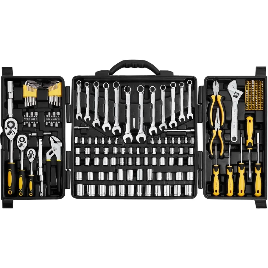 

Mechanics Tool Set 207 Pieces 1/4 3/8 1/2 Drive Sockets - SAE and Metric Mechanic Tool Kit with Bits Wrenches Ratchet Handle Ac