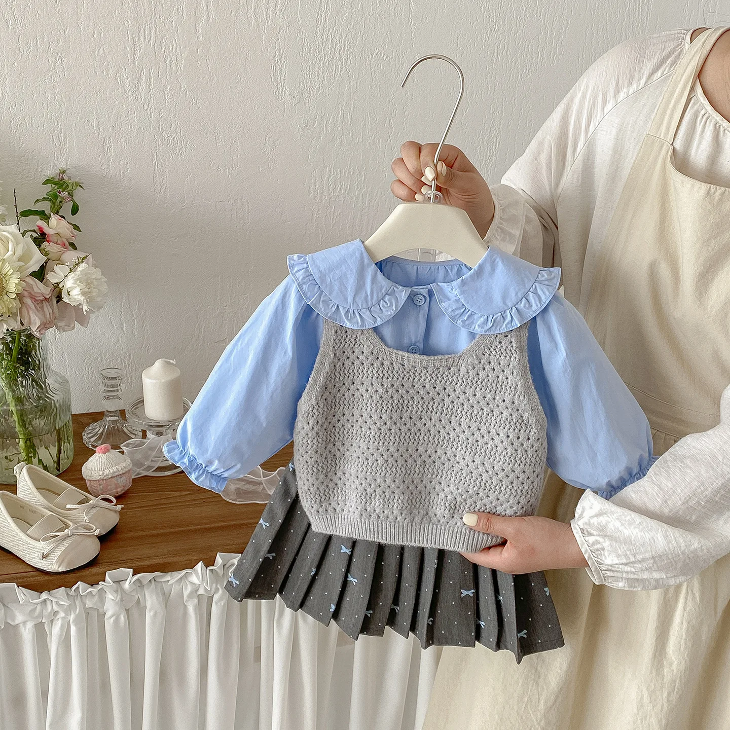 Spring New Infant College Style Suit Baby Girl Knitted Vest Doll Shirt Skirt Three-piece Set