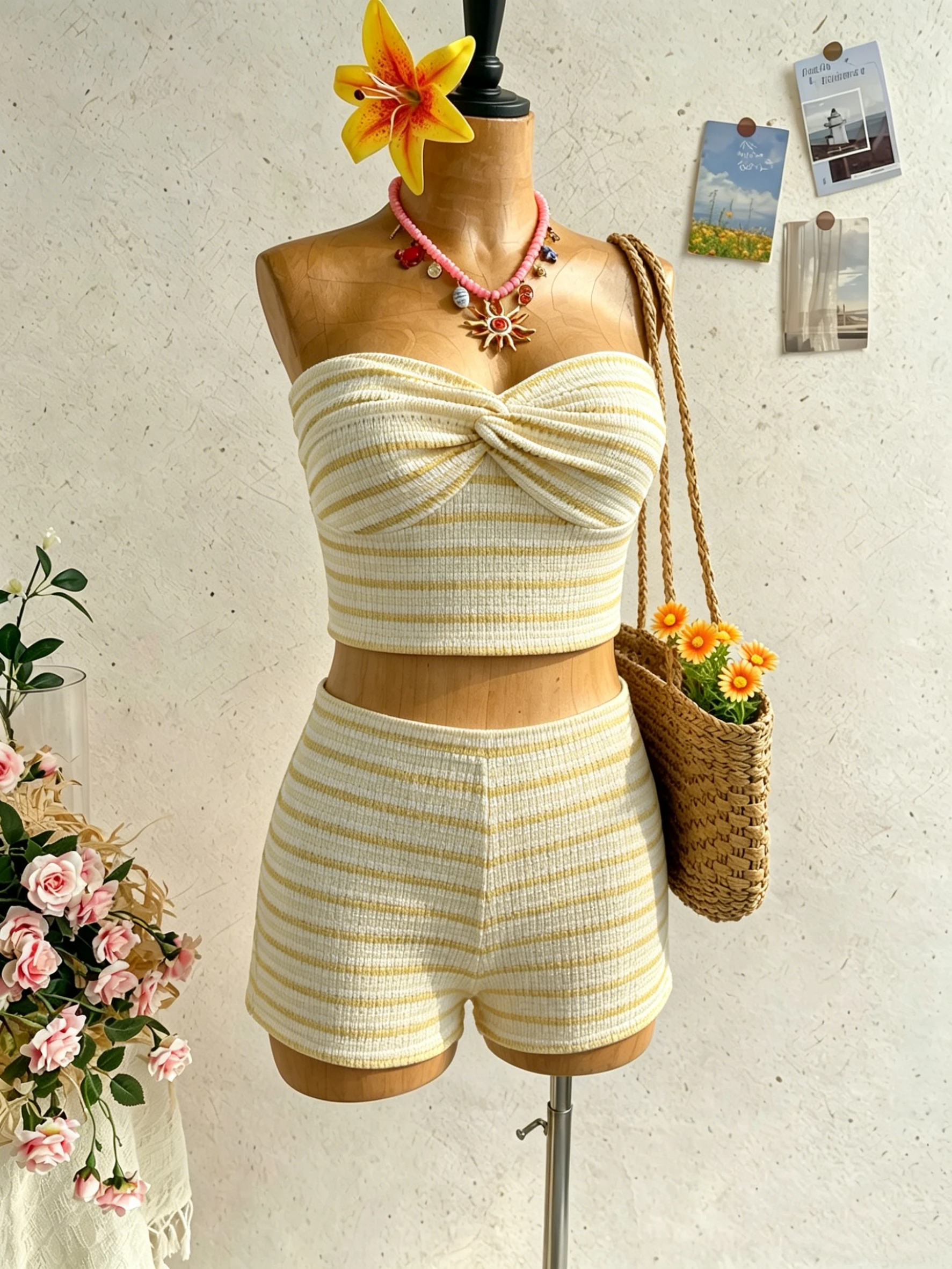 

2-piece/set women's vacation energetic striped tube top with twisted details and ultra short casual pants, suitable for dates, p