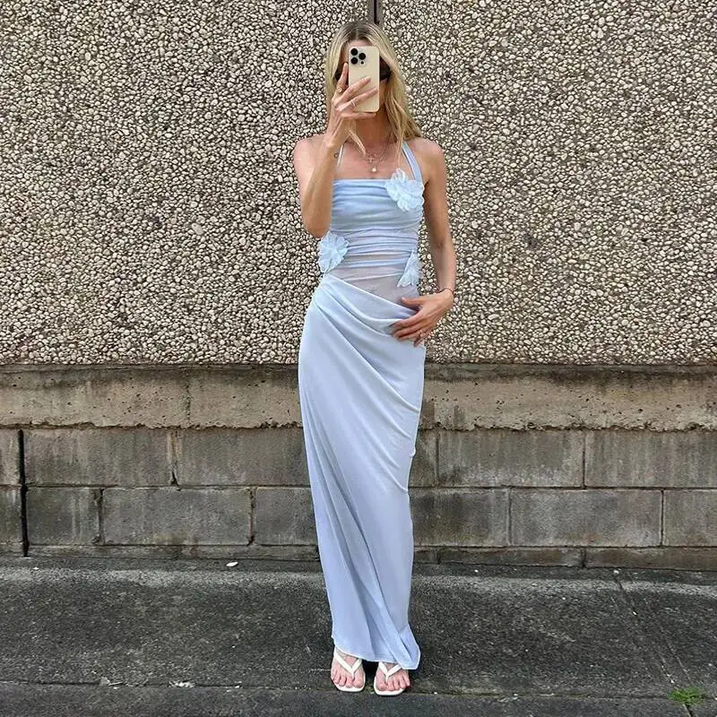 Apprabant femmes élégant Floral Patchwork Maxi robe solide taille mince découpe Spaghetti sangle moulante soirée robe de fête d'anniversaire