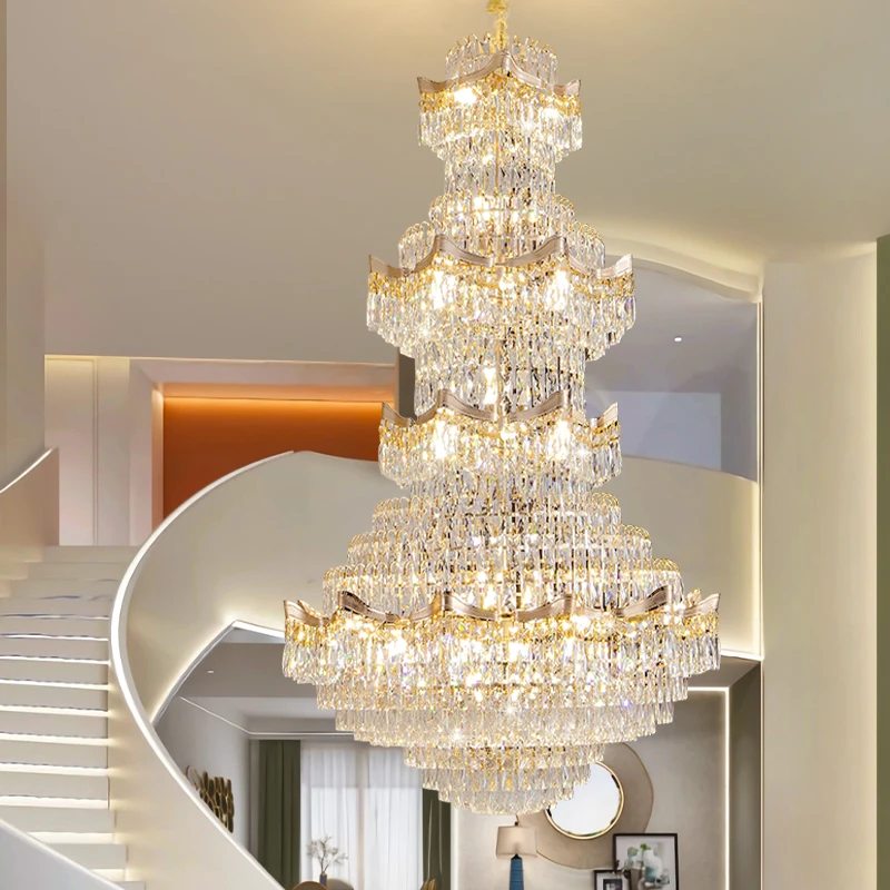 Duplex Building With Empty Living Room Crystal Chandelier Villa Mid Floor Lobby Chandelier Hotel Lobby Staircase Long Pendant