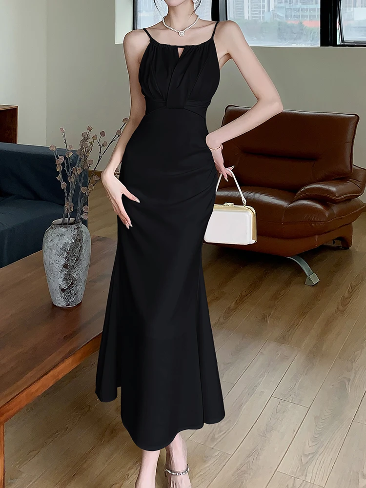 French Style Spaghetti Strap Dress Women Satin Black Dress Elegant Slim High Waist Long Dress Female 2024 New Mermaid Dresses