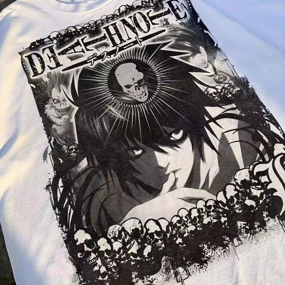 2024 Spring And Summer New Style Mens Cotton T-Shirt Japanese Anime Pattern Print Hip-Hop Y2k Street Casual Round Neck White Top