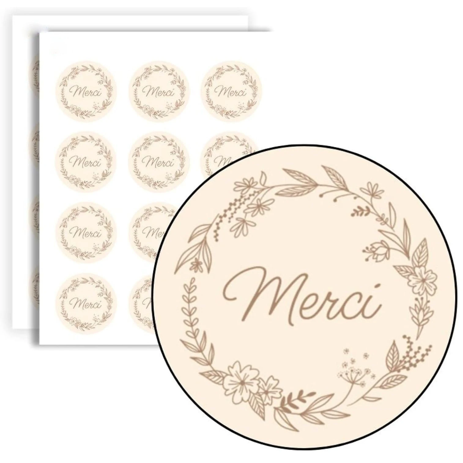 120 pegatinas circulares "Merci" - Etiquetas de agradecimiento con corona floral de 4 cm para embalaje de regalo, tarjetas y manualidades - autoadhesivas multifunción