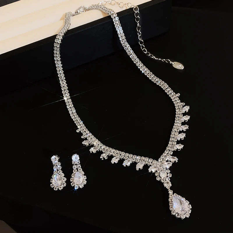 Grote waterdruppel bloem ketting oorbellen set glanzende vol strass ketting voor vrouwen bruids bruiloft sieraden sets