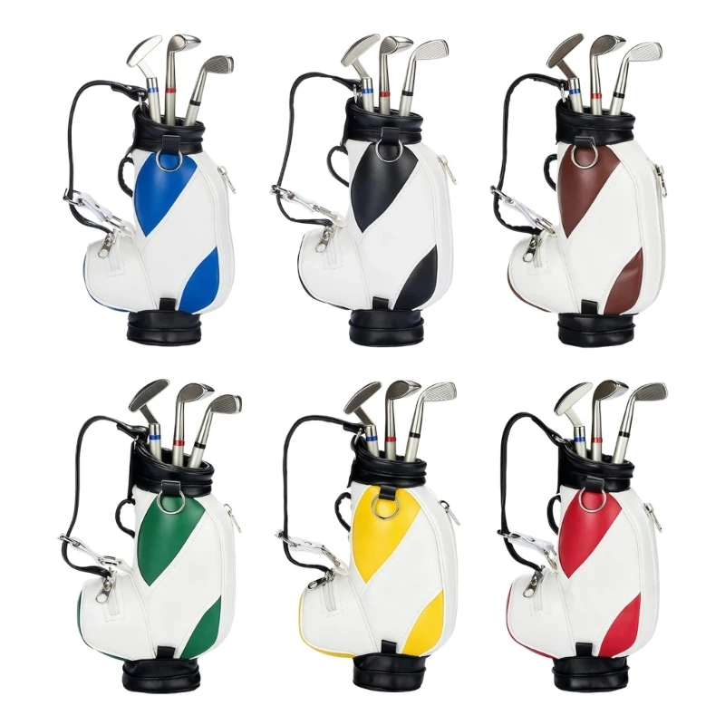 HX6A Golf Themed Desktop Pencil Organiser Container PU Leather Pen Cup with 3 Golf Club Pen For Men Dad Birthday Gift