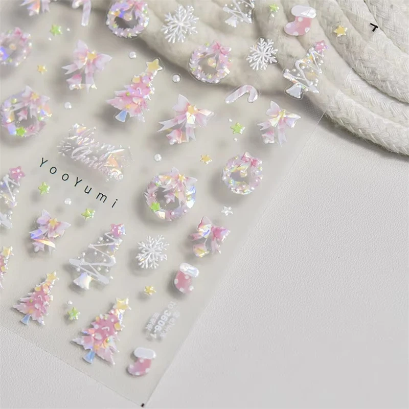 PinkSnowflake Christmas Tree Nail Art Stickers Cute Snowflake Stars Self-Adhesive Nail Art Stickers 5D Embossed Nail Art Sticker