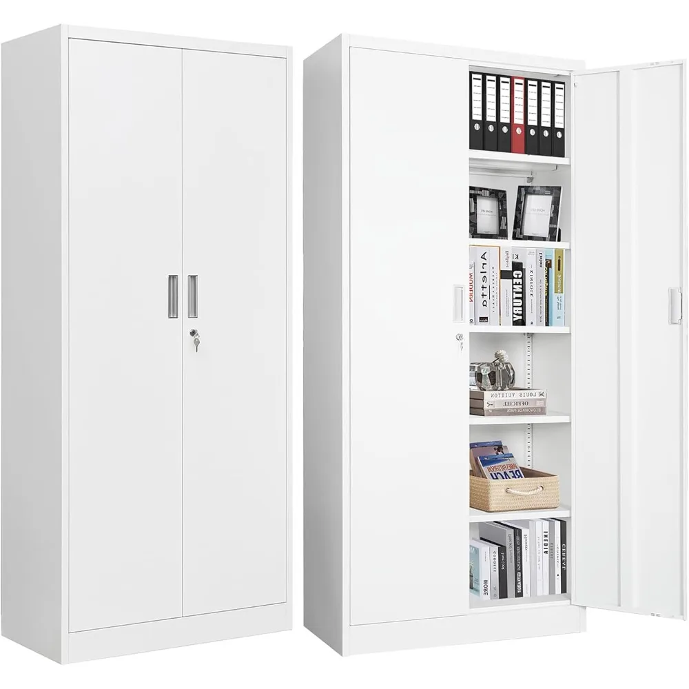 

Metal Storage Cabinet with 2 Doors and 5 Adjustable Shelves, 71” White Locking Steel Tool Cabinet for Garage/Pantry/Kitchen/Livi
