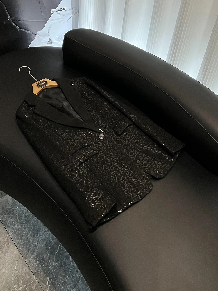 

Retro iny Sequin Single Button Slim Fit Long Sve Casual Suit Women's Faion Ele Lady Sle Commute Wind Chinese Made