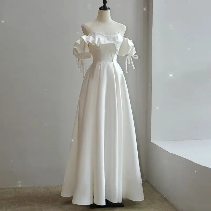 Vestido De novia De satén con perlas blancas, talla personalizada, hombros descubiertos, para jardín, playa, estilo bohemio, Vintage