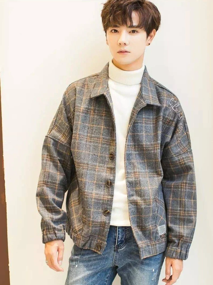 

​ Новая мужская шерстяная бейсбольная куртка в Корейскую клетку для студентов колледжа, весна-осень, уличная одежда ​