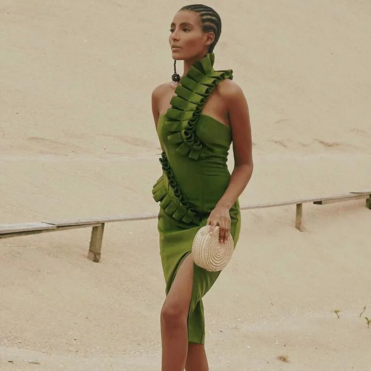 Svel Bandage Dr with Lace Trim High Waist Wrap around Single oulder Design Commute Sle Floral Embellied Bodyco...