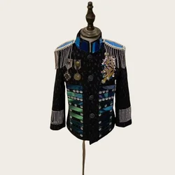 Customized Men's Metal Chain Tassel Epaulet Court Royal Jacket Banquet Chorus Dress Stage Show Host Singer Performance Coat