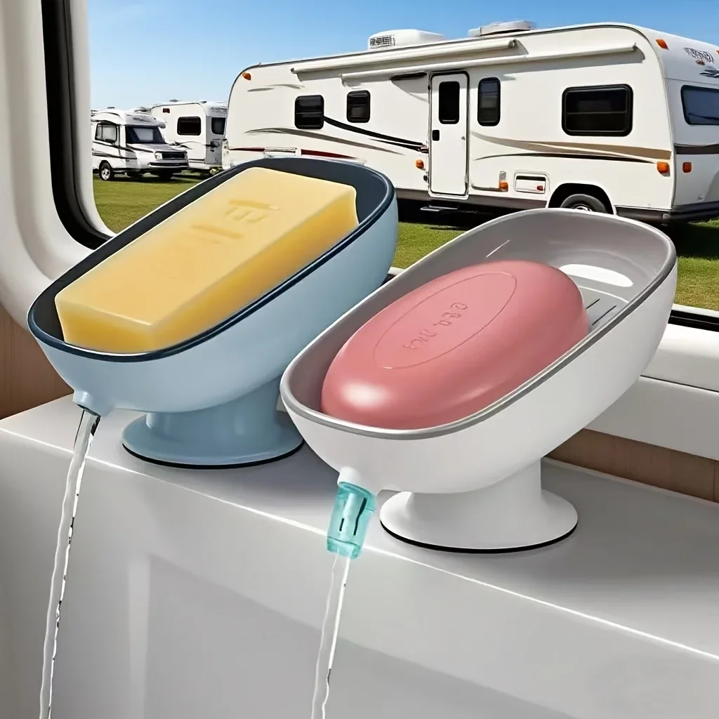 2-in-1 Badezimmer-Seifenhalter mit Saugnäpfen, selbstentleerende Seifenschale für die Arbeitsplatte, doppelter Stauraum für runde und quadratische große Seifen – Detail 2