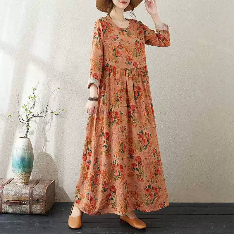 Robe longue d'automne pour femmes, style Boho, décontractée, plage, coton, lin, élégante, col rond, Vintage, Maxi, ample, vêtements pour femmes