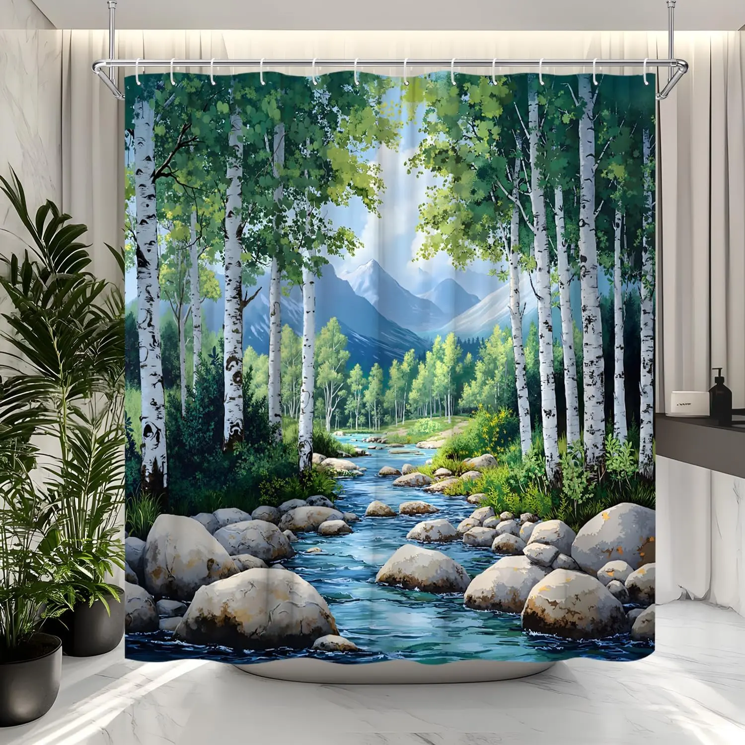 

Nature Forest Stream Shower Curtain Spring Birch Trees Mountain Landscape Abstract Scenery Bathroom Decor Polyester Curtains
