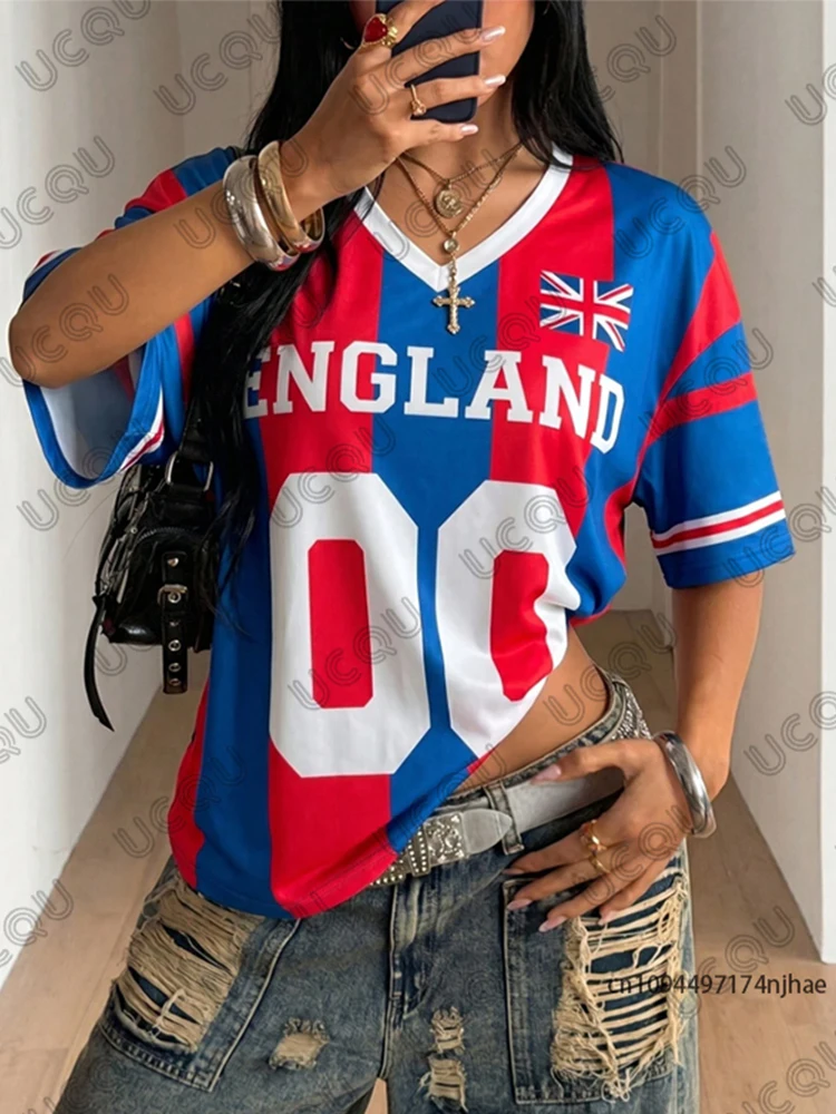 Summer New Stripe England Print T-shirt For Women Short Sleeve Patchwork V-Neck Tees Sports Football Jersey Y2K Oversized Tops