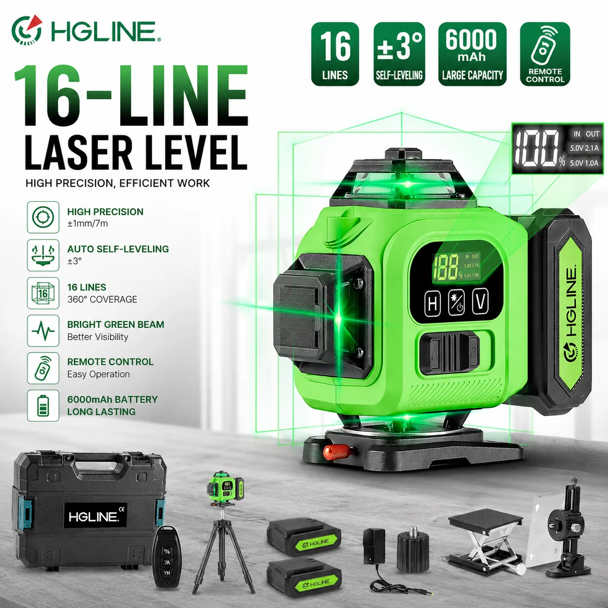 Лазерный уровень HGLINE 16 линий, зеленый луч, 360° °   Горизонтальный и вертикальный лазерный нивелир с перекрестными линиями, высокоточный измерительный инструмент для строительства и DIY